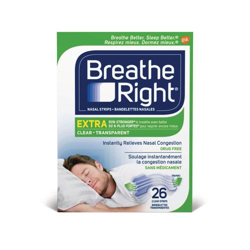 加拿大Breathe Right强力通鼻贴 26片成人透明装 缓解鼻塞 临床证明能减轻打鼾 适用敏感皮肤