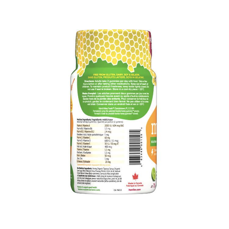 加拿大Honibe成人复合维生素/锌/紫锥菊蜂蜜软糖 70粒天然柑橘味 平衡营养 提升免疫力