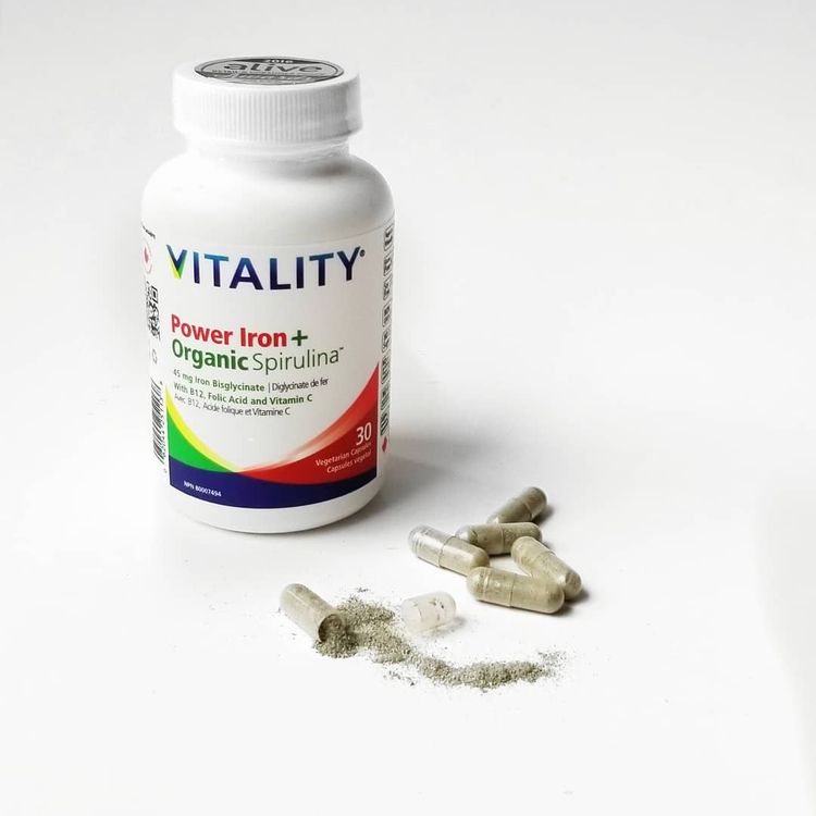 VITALITY, Power Iron+ Organic Spirulina, 30 Capsules