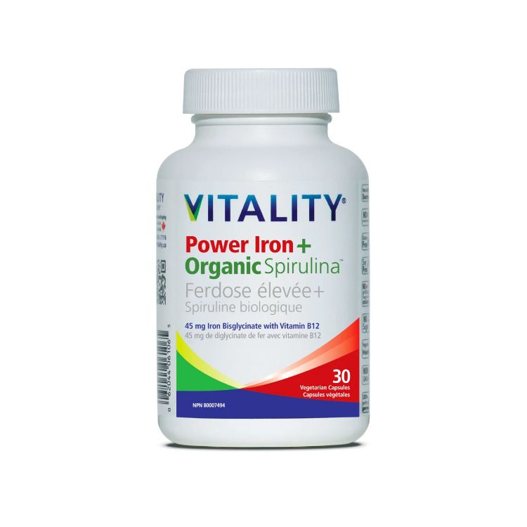 VITALITY, Power Iron+ Organic Spirulina, 30 Capsules