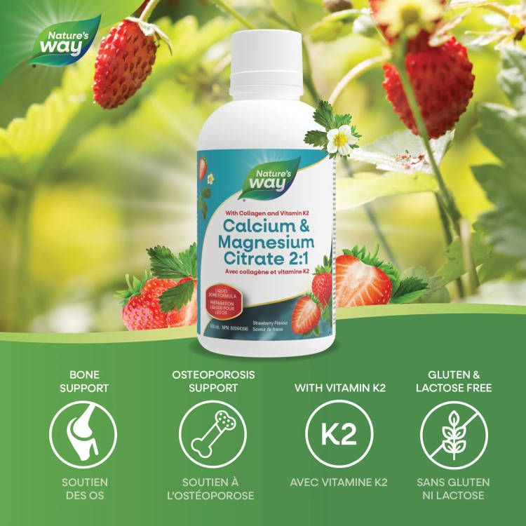 Nature's Way, Calcium & Magnesium Citrate 2:1, with Vitamin K2 & Collagen, Strawberry, 500ml