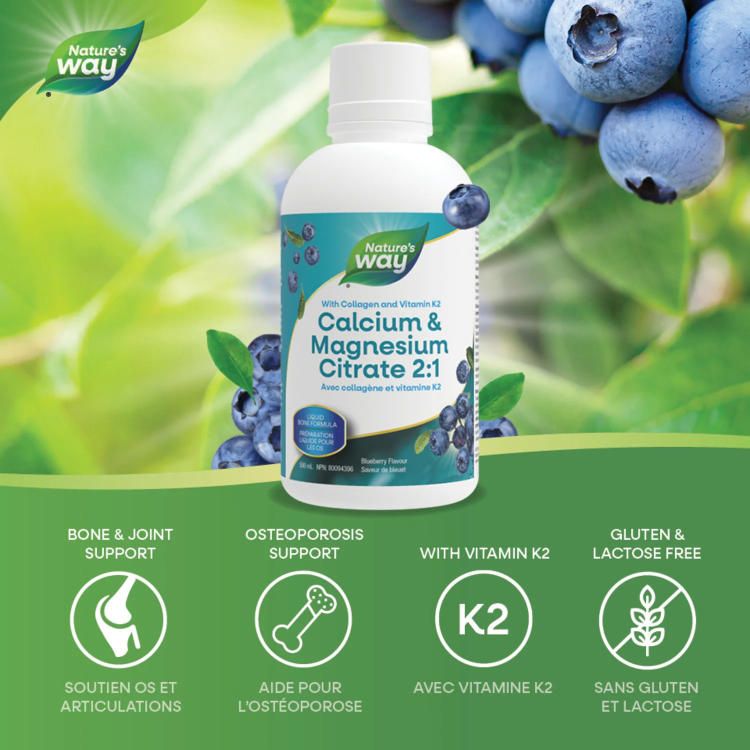 Nature's Way, Calcium & Magnesium Citrate 2:1, with Vitamin K2 & Collagen, Blueberry, 500ml