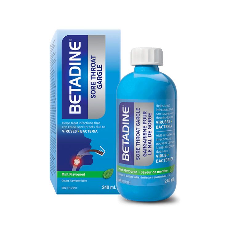 加拿大Betadine必妥碘聚维酮碘漱口水 240mL 杀灭引起喉咙疼痛的病毒及细菌