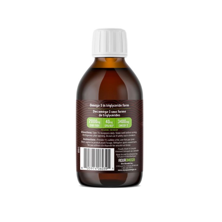 加拿大AquaOmega天然藻油液体Omega-3 225ml桔子味 含40毫克EPA/2000毫克DHA 甘油三酸酯形式