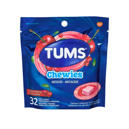 加拿大TUMS高钙剂量抗胃酸咀嚼糖 32块 樱桃味 缓解胃酸过多 孕期中老年人均可服用