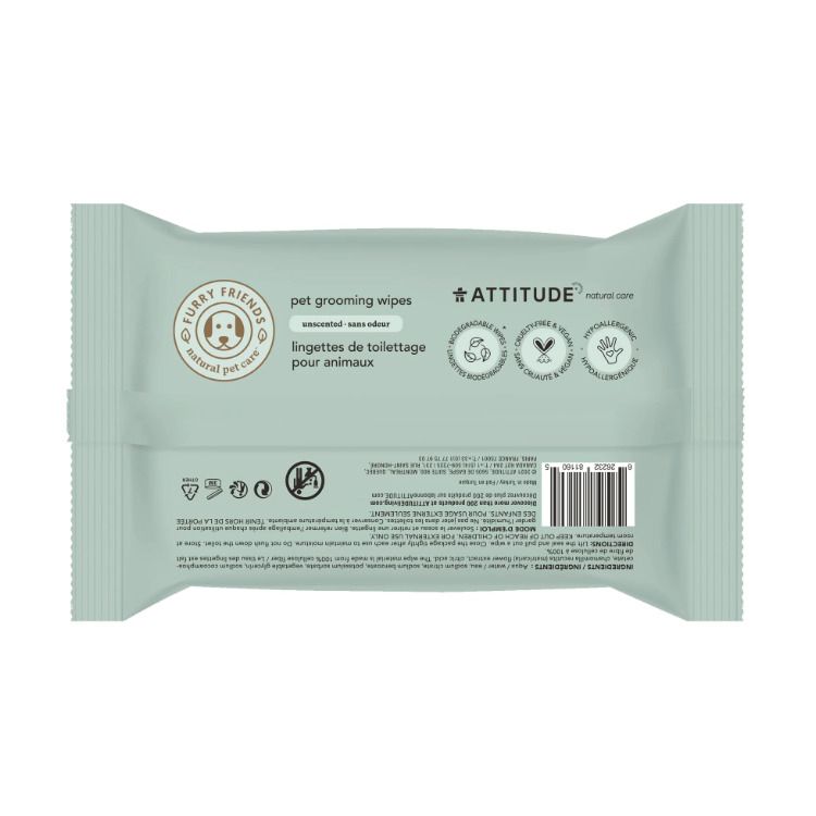 Attitude, Natural Pet Care, Pet Grooming Wipes, Unscented, 72s