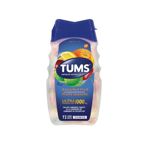 加拿大TUMS强效版抗胃酸咀嚼片 72片/1000mg 混合水果味 缓解胃酸过多 孕期中老年人均可服用