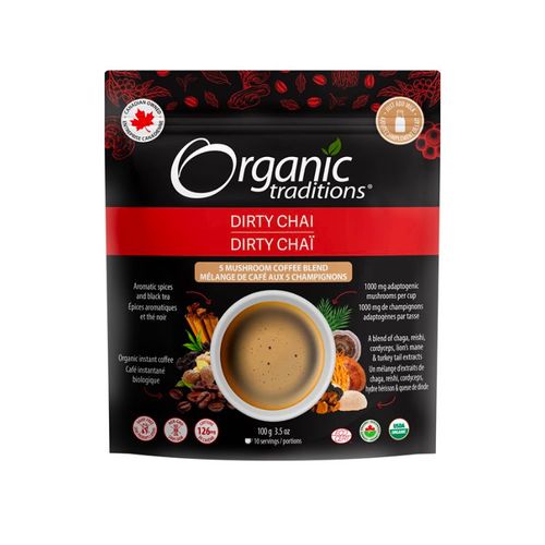 美国Organic Traditions 5重有机蘑菇精华咖啡粉 印度奶茶口味 100克 含白桦茸/冬虫夏草/猴头菇/灵芝/云芝