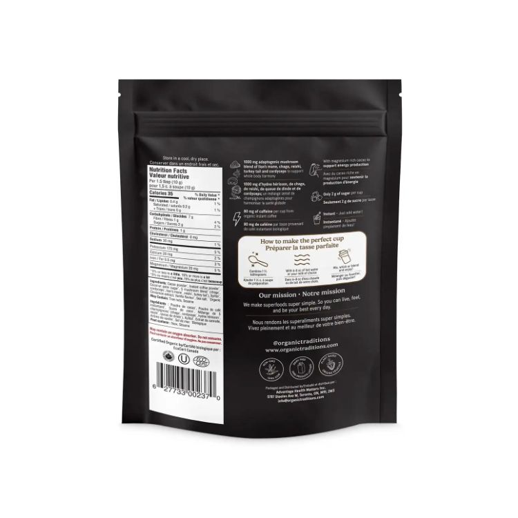 美国Organic Traditions 5重有机蘑菇精华咖啡粉 摩卡口味 100克 含白桦茸/冬虫夏草/猴头菇/灵芝/云芝