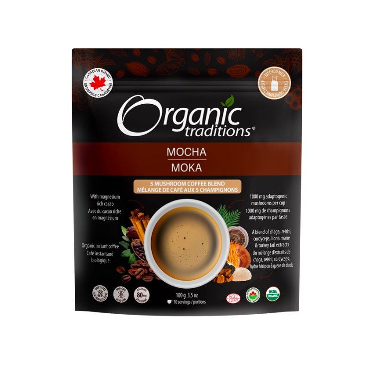 美国Organic Traditions 5重有机蘑菇精华咖啡粉 摩卡口味 100克 含白桦茸/冬虫夏草/猴头菇/灵芝/云芝