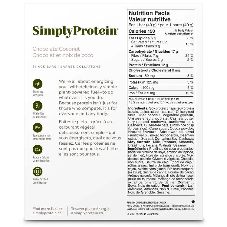 加拿大SimplyProtein蛋白能量棒 巧克力椰子味 40g*4支装 每根含12克蛋白质2克糖 富含纤维