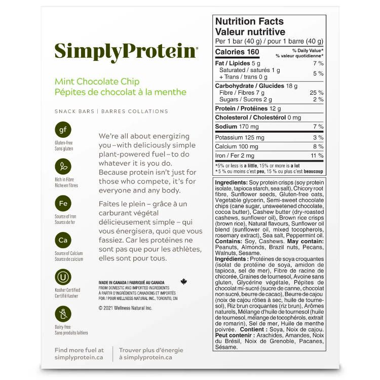 加拿大SimplyProtein蛋白能量棒 薄荷巧克力味 40g*12支装 每根含12克蛋白质2克糖 富含纤维