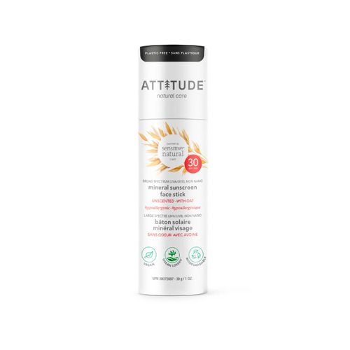 Attitude, Mineral Sunscreen Sensitive Face Stick, SPF 30, Fragrance-free, 30g