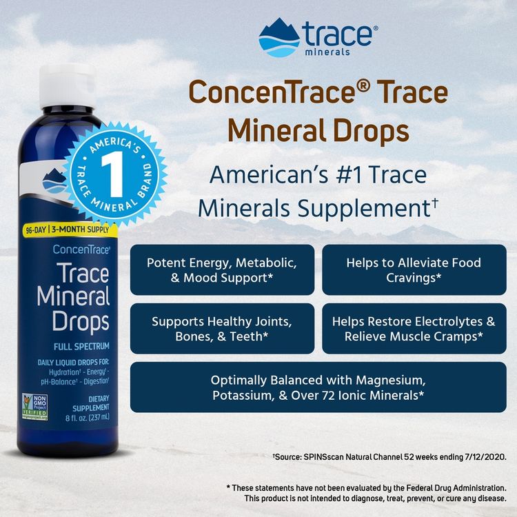 美国Trace Concentrace微量元素滴剂 60毫升 由犹他州大盐湖海水制成 富含镁等72种微量元素 补充电解质 提升精力