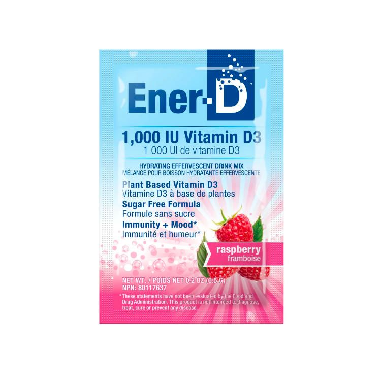 加拿大Ener-D维生素D零糖泡腾粉 24包 覆盆子味 纯素食来源维生素D 提升免疫 促进钙吸收