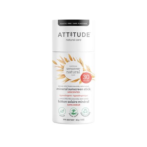 Attitude, Mineral Sunscreen Sensitive Face Stick, SPF 30, Fragrance-free, 85g