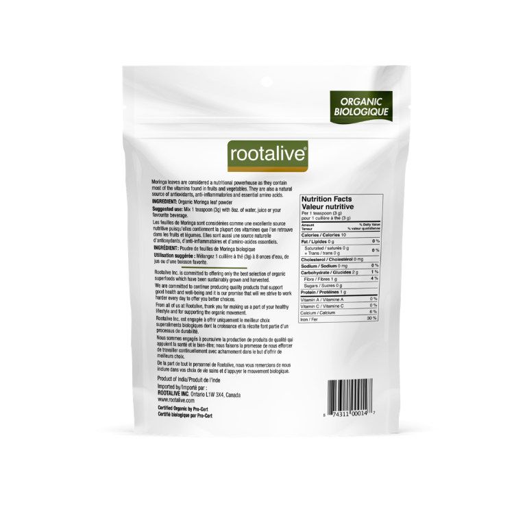 加拿大Rootalive有机辣木叶粉 228克 含天然维生素 降醇护心 减少炎症 保护肝脏