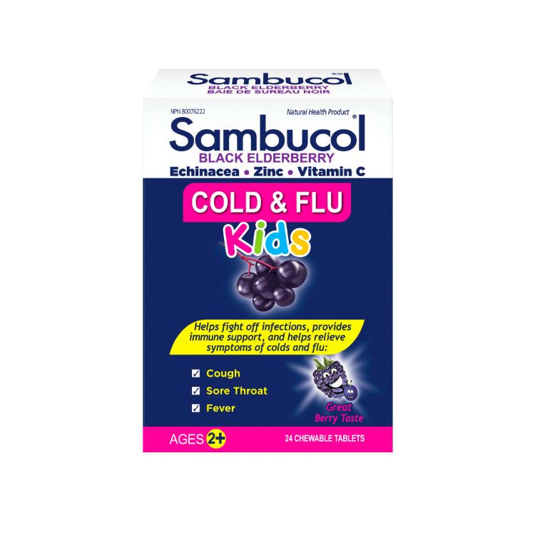 加拿大版Sambucol小黑果儿童抗感冒流感咀嚼片 24片 2岁以上可用 缓解流感症状 加快康复