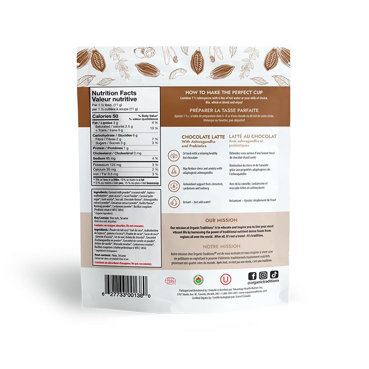 Organic Traditions, Chocolate Latte with Ashwagandha and Probiotics, 150g