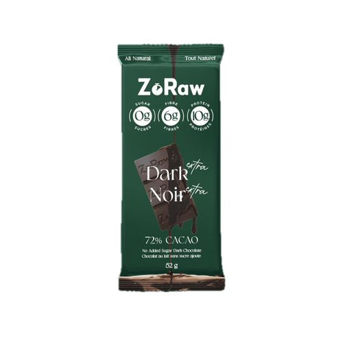 ZoRaw, 72% Extra Dark Chocolate Bar, with Protein, 52g