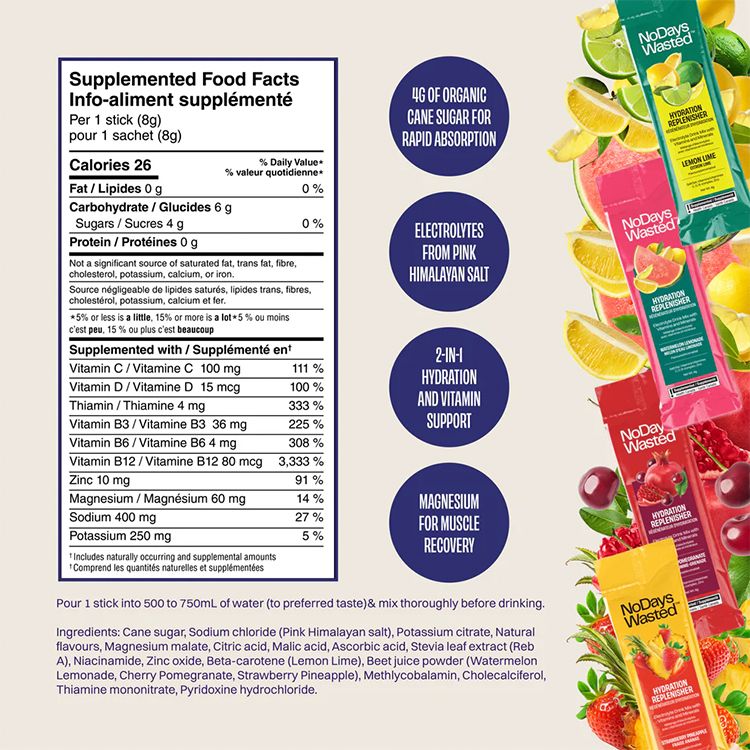 加拿大No Days Wasted电解质补水粉 15支装/西瓜柠檬水味 高效不水 防止腹泻脱水 帮助醒酒
