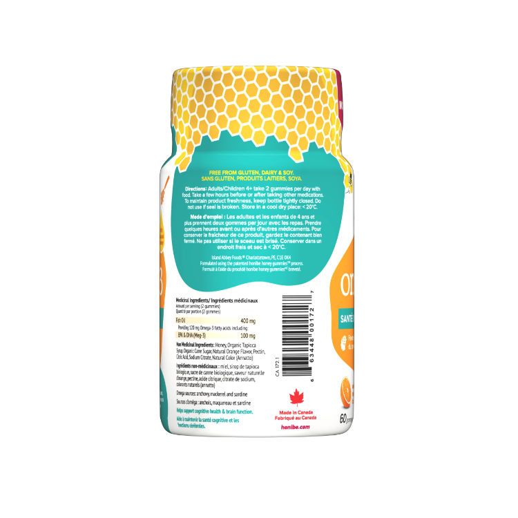 加拿大Honibe蜂蜜Omega-3软糖 60粒桔子味 大人孩子都能吃 补充EPA和DHA